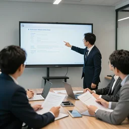 business men in a conference room, pointing at screens and documents, 8k