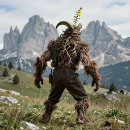 historical photograph of an old alpine farmer from behind turning into a grotesque monster with goathorns and roots growing from his face, standing in the dolomites, full body, whole body, edelweiss growing from head