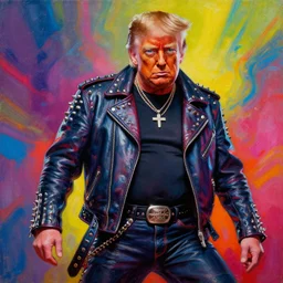 a portrait of donald trump an apocalyptic orcish biker character standing in a dynamic pose, psychedelic vibrant colors, punk rock fashion, oil painting by michael whelan art, sharp focus, detailed eyes, realistic, studded leather jacket, 8 k