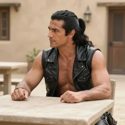muscular man sitting at table on tatooine, wearing a black leather vest, no shirt, shirtless, long black hair in a ponytail 9 9 9 9 9 9