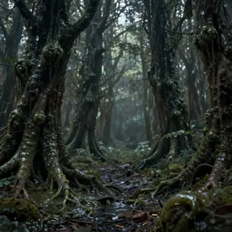 cursed forest covered in fleshy ooze, eerie mood, concept art, 4k
