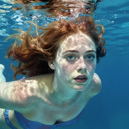 Elle Fanning underwater in Greece, head and shoulders, extremely detailed masterpiece, illustration, by Michael Sowa,
