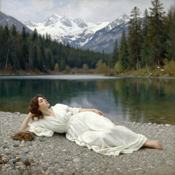 painting of a beautiful woman in a white robe lying on pebbles by a beautiful lake in a virgin forest, snowy mountains in the background, in the style of jean - francois millet, highly detailed