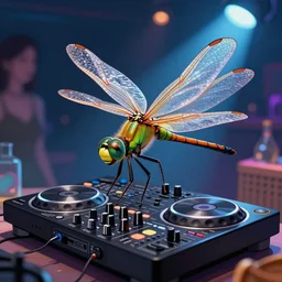 a concept art of a dragonfly siting on a DJ's Mixer during a party , trending on art station, concept art,