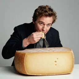 simon whistler eating a large wheel of cheese,
