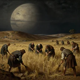 medieval peasants harvesting crops in wastelands on exoplanet, baroque landscape painting by casper david friedrich greg rutkowski, detailed octane render trending on artstation artgerm, 8 k artistic photography, volumetric cinematic perfect light, chiaroscuro, masterpiece, raphael, caravaggio, beksinski, gustav dore