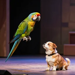 The parrot sings an opera with Gabe dog on the stage