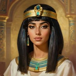 portait egyptian princess haifa wehbe as cleopatra, centred, very long hair, charmed sexy look, hd, unreal engine, art painting, final fantasy style, amazing background theme