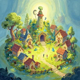 alien faerie village. gouache by award - winning concept artist. backlightling, isometric graphics.