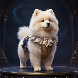 fluffy dog, full body, alexander hamilton style, beautiful costume, on stage, dark fantasy, a dark nebula background, concept art, detailed, digital art, trending on art station, mark brooks, 3 - d 4 k