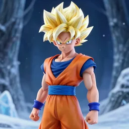 portrait focus of super saiyan beautiful 3 d anime girl posing, frozen ice dark forest background, snowing, bokeh, inspired by masami kurumada