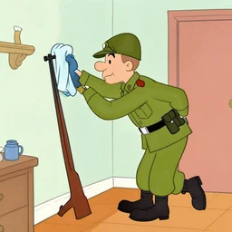 a new yorker style cartoo of a soldier cleaning a room