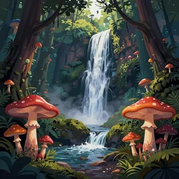 psychedelic mushrooms, enchanted forest, waterfall, wide angle shot, vector art, illustration by larry elmore