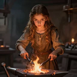 idealistic portrait of a young girl working in a blacksmith's forge, clear eyes, fair skin, beautiful hair, tools in her hands, fantasy art, fire, 8 k digital art, unreal engine, far away, in the style of raphael and h. r. giger,