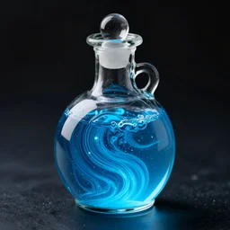 spirit potion containing swirling glowing blue liquid, beautiful intricate glass bottle,  dark!!! background, dramatic lighting, fantasy, CGI, octane render, 8k
