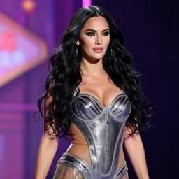 megan fox with dark eye makeup, fancy vegas show girl in on stage, long windblown black hair octane