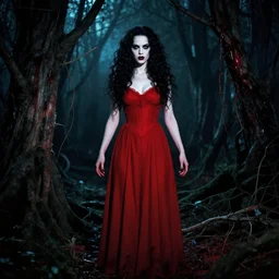 madhouse studio, full body, pretty alyson hannigan, evil dead demon, evil dead movie, red dress, symmetrical eyes, symmetrical face, long curly black hair, trees, forest, branches, cinematic lighting, evil dead creature, scary, blood