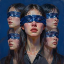 3 d, crying fashion model with blindfold, liquid with sky reflection, poster art, high detail, intricate oil painting, multiple exposure, deep blue mood, hyperrealism, 3 d, by tooth wu and wlop and beeple and greg rutkowski