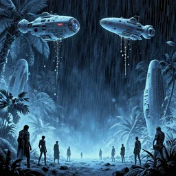 cryogenic tears of hyperspace loneliness spaceships photorealistic graphic novel layout frozen tropical rain futuristic silhouettes small unit tactics by jodorowsky's dune moebius michael komarck, greg rutkowski, victo ngai, artgerm, willem claesz heda and j. dickenson roger deakins