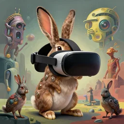 rabbit groot journey vr glasses headset by artstation, deviantart, artfol, artbox, cgsociety, gfxartist, artful, zatista, artpal, instagram, blendernation, frank stella, beeple, giger, kopera, zawadzki, abstract, surrealism, hyperrealism, futurism 4 k, octane