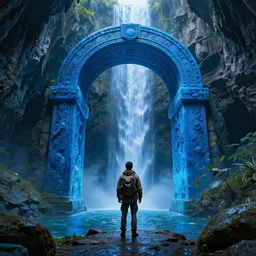 an explorer lookup up a giant arched doorway made of blue gel, deep underground waterfalls, beautiful matte painting, ultra detailed, 8 k render