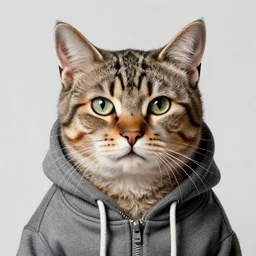 a studio photograph of a cat wearing a hoodie,realistic,photorealistic,hyperdetailed,hyperrealistic,detailed face,highly detailed,professional photo,professional lighting,studio photo,studio lighting,Character design by charlie bowater, ross tran, artgerm, and makoto shinkai, detailed, inked, western comic book art, 2021 award winning painting