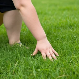 fat person touching grass