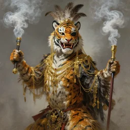 masterful fantastic realist painting an exotic ancient feathered and bejeweled bird wearing an exquisitely painted bugaku mask of a tiger, gold chains strung like tinsel, viciously blinded, bugaku tiger cosplay, ornate sword, swinging holy censors with thick smoke,, digital painting trending on artstation, volumetric lighting and mist, 3 / 4 portrait painting, hyper