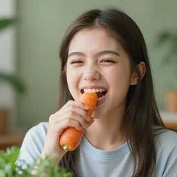 a girl with a big teeth and she's eating a carrot photo - realistic