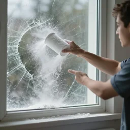 A man throwing an open cylinder of baking soda through a shattering window with baking soda spraying everywhere inside, 4k, realistic, cinematic
