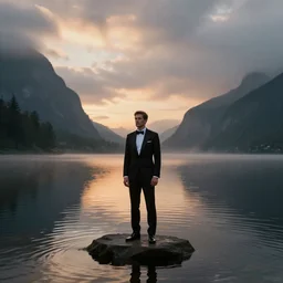 amazing landscape photo of a man wearing tuxedo standing on the lake at sunrise by Charlie Waite and Marc Adamus beautiful dramatic lighting, surrealism, sharp, smooth, detailed