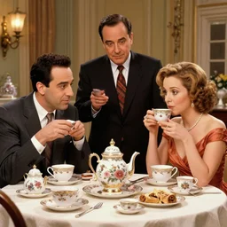 seinfeld fancy tea party, george costanza, kramer, elaine, digital art, illustration, highly detailed, warm color scheme, soft lighting, sharp focus, gustave caillebotte, pyotr konchalovsky
