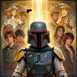 symmetry! highly detailed portrait of boba fett, shallow focus. fantasy art by greg rutkowski, loish, rhads, ferdinand knab, makoto shinkai and lois van baarle, ilya kuvshinov, rossdraws, tom bagshaw, alphonse mucha, global illumination, radiant light, detailed and intricate environment