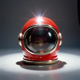vintage analog product photography of a space helmet, 70s design, , bright red, studio lighting, film grain, lensflare, color bleed, glare