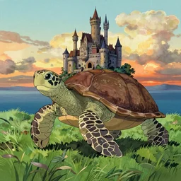 a giant turtle in the ocean with grass and a large castle on its shell, sunset, drawn by hayao miyazaki, studio ghibli film, hi res, high detail, 4k