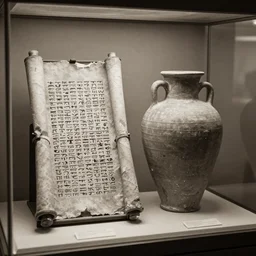 an realistic sepia photo of an ancient nabatean scroll with thamudic writing beside a cylindrical clay jar inside a glass case