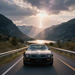 black pontiac firebird trans - am driving towards the camera, mountain, valley, breathtaking mountains, lake, dynamic, sunrise, cinematic, motionblur, sunbeams, volumetric lighting, wide shot, low angle, mind flayer, lightning, mind flayer, lightning