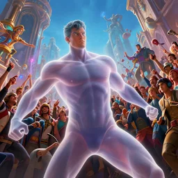 close shot angle from below of translucent realistic slim muscular male superheroe fighting a large crowd!!!, fantasy digital art, vivid color style artstation, style greg rutkowski and frank frazetta and mucha and richard corben, octane render, unreal engine 6, epic game graphics, fantasy, conceptual art, ray tracing, magic the gathering art