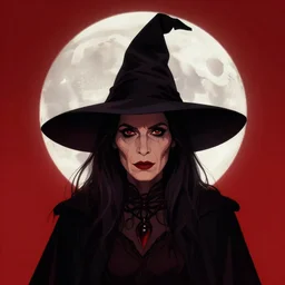 central close-up portrait of a mature dark witch in front of the full big moon, sinister atmosphere, red background, vector graphic, detailed, full HD, 4k, 8k, 1080p