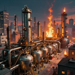 immaculate wide shot ambient occlusion of an retrofuturistic industrial brewery complex, cycles render, turbosquid, wide, isometric metropolis filmic, vaporwave, edward hopper, gotham, vanishing point, leading lines, wizard of oz, refinery flames
