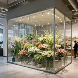 flower shop by labotory concpet, steel and glass material, modernism