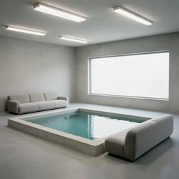 upholstered sofas, fluorescent ceiling lighting, rectangular water pond!, a large minimalistic concrete rectangular! room! windowless!, a tilt shift photo by leandro erlich, featured on cg society, kitsch movement, hall of mirrors, high dynamic range, studio portrait