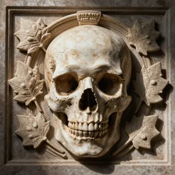 hyper realistic photography of renaissance skull ornament relief leaves, cinematic, symmetric, artstation, cgsociety