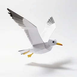 papercraft seagull, professional studio photo, full body, isolated on a pure white background, centered, entire subject in frame, sharp focus, soft studio lighting