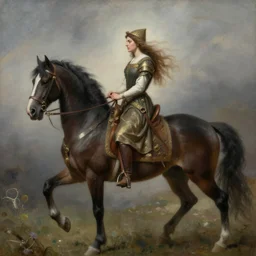 a medieval maiden riding a horse, a painting by john william waterhouse, by John William Godward, by austin osman spare, symbolist painting, mist, volumetric render, digital painting, detailed painting, occult, sharp focus, intrincate details