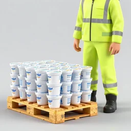 a man in high visibility clothing stands next to a pallet of yoghurt that has fallen over, painting by salvador dali, highly detailed
