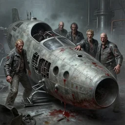 airbrushed awful terrorizing fuselage in muted blade blood factory by jack kirby, kelly freas, donato giancola, geof darrow, alex ross, basil gogos, philippe druillet, fine art masterpiece baked at 3 0 0 f, matte painting, muted cold lighting, aged with sunlight, award winning horror, photorealistic render, cinematic