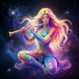 The God of Music playing a flute, colourful body, long glowing hair, galaxy background, digital art