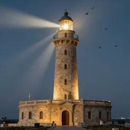 Detailed Exterior Shot of The Fabled Lighthouse of Alexandria, light of god, light shafts, flock of birds, stunning atmosphere, in Style of Peter Mohrbacher, cinematic lighting