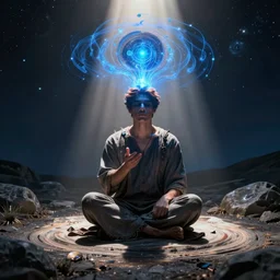 a mind reader in tune with the universe channeling blue energy through his mind, moment of truth, digital art